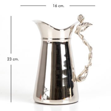 Gümüş Kaplama Kulplu Yaprak Desenli Metal Sürahi Gümüş Renk 16 x 23 x 12 Cm.