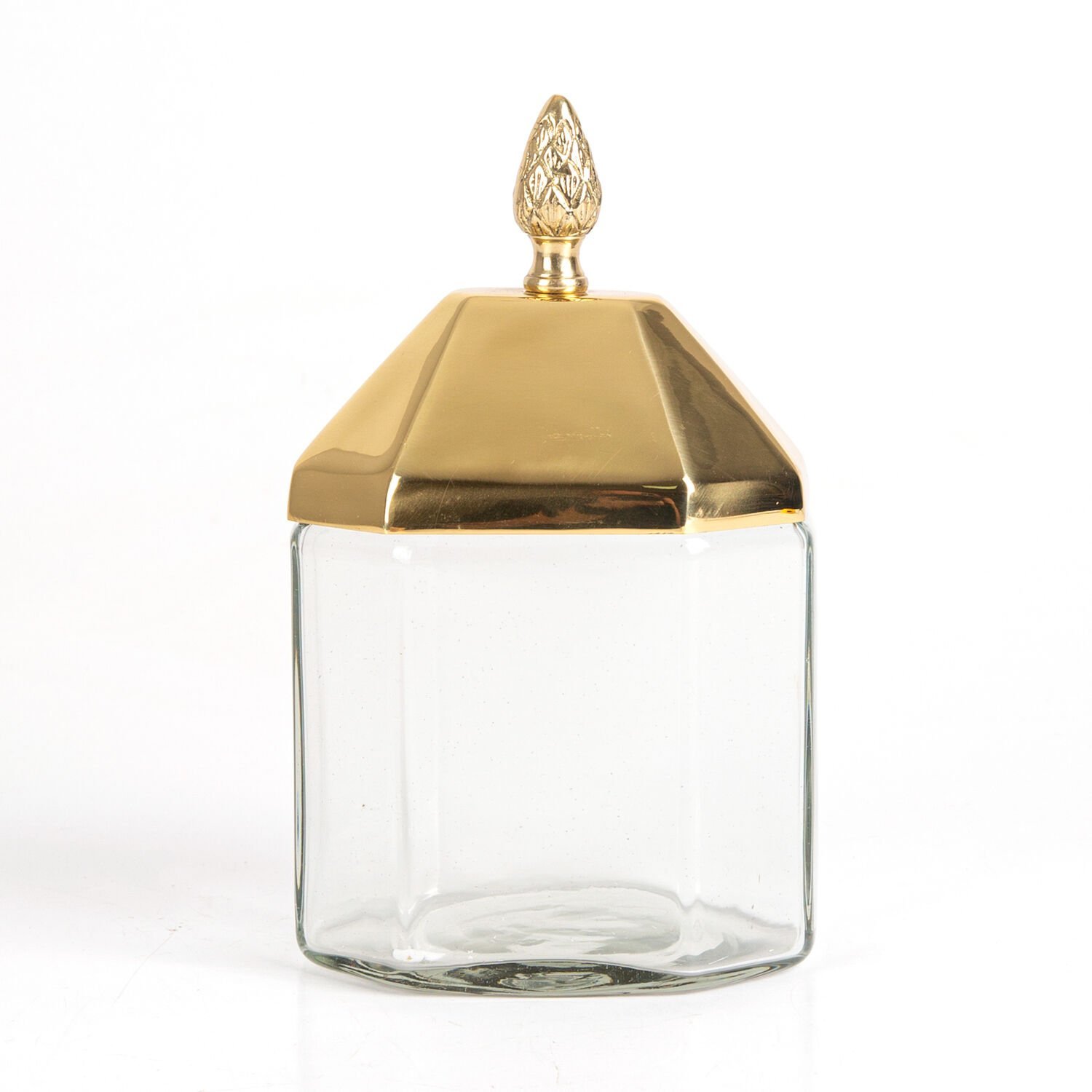 Altıgen Palamut Tepeli Kapaklı Cam Kavanoz Gold 12 x 20 x 8 Cm.