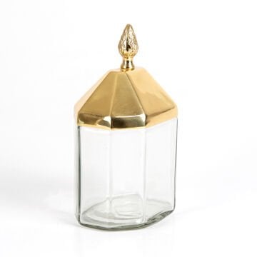 Altıgen Palamut Tepeli Kapaklı Cam Kavanoz Gold 12 x 20 x 8 Cm.