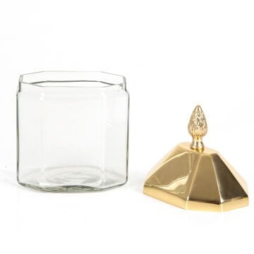 Altıgen Palamut Tepeli Kapaklı Cam Kavanoz Gold 12 x 20 x 8 Cm.