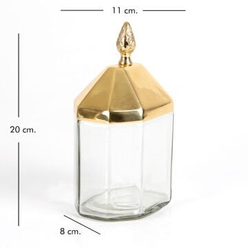 Altıgen Palamut Tepeli Kapaklı Cam Kavanoz Gold 12 x 20 x 8 Cm.
