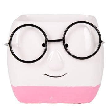 Seramik Saksı Gözlüklü Beyaz-Pembe 7x7 Cm.