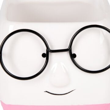 Seramik Saksı Gözlüklü Beyaz-Pembe 7x7 Cm.