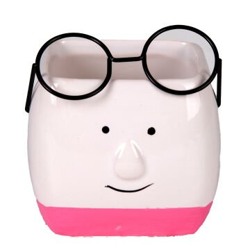 Seramik Saksı Gözlüklü Beyaz-Pembe 7x7 Cm.