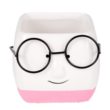 Seramik Saksı Gözlüklü Beyaz-Pembe 7x7 Cm.