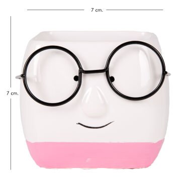 Seramik Saksı Gözlüklü Beyaz-Pembe 7x7 Cm.